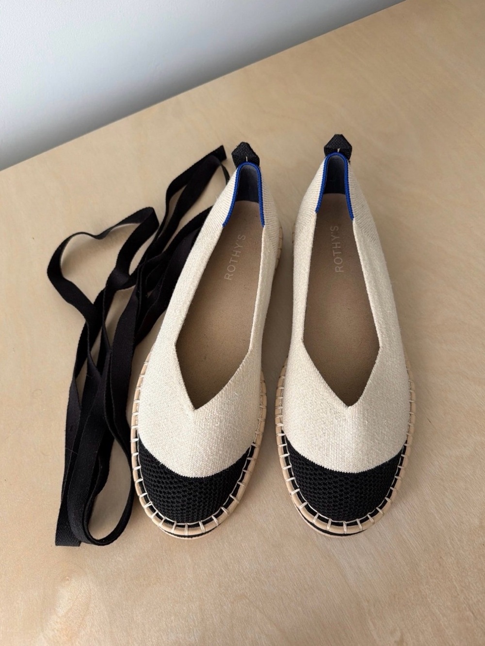 Rothy's Boardwalk Espadrille Flats with Black Toe and Laces Women’s Size 10.5